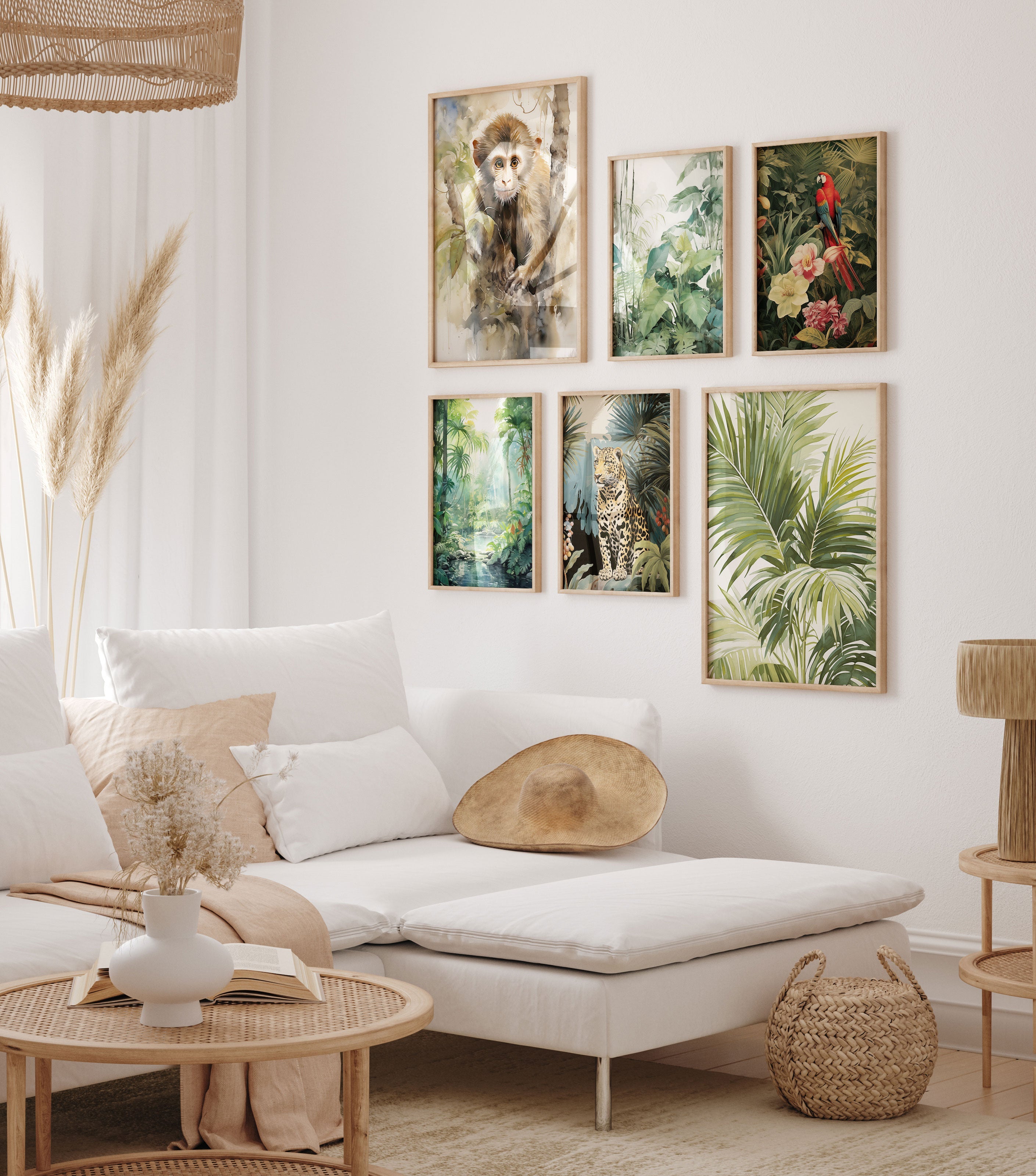 Dschungel Tiere Poster · Geschenkidee · Aquarell mit Leopard, Papagei und Affe · Wohnzimmer Deko · Dekoprint ohne Rahmen-1