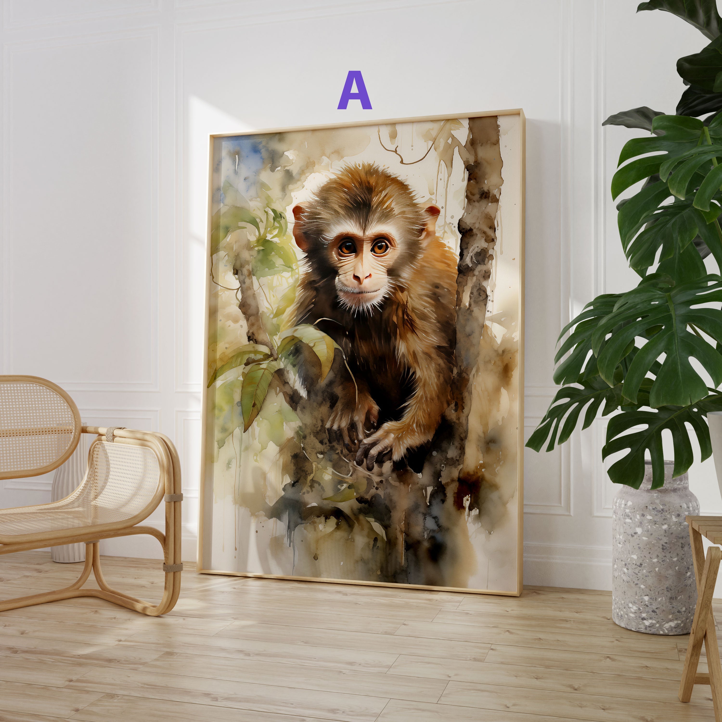 Dschungel Tiere Poster · Geschenkidee · Aquarell mit Leopard, Papagei und Affe · Wohnzimmer Deko · Dekoprint ohne Rahmen-2