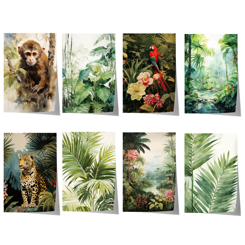 Dschungel Tiere Poster · Geschenkidee · Aquarell mit Leopard, Papagei und Affe · Wohnzimmer Deko · Dekoprint ohne Rahmen-0