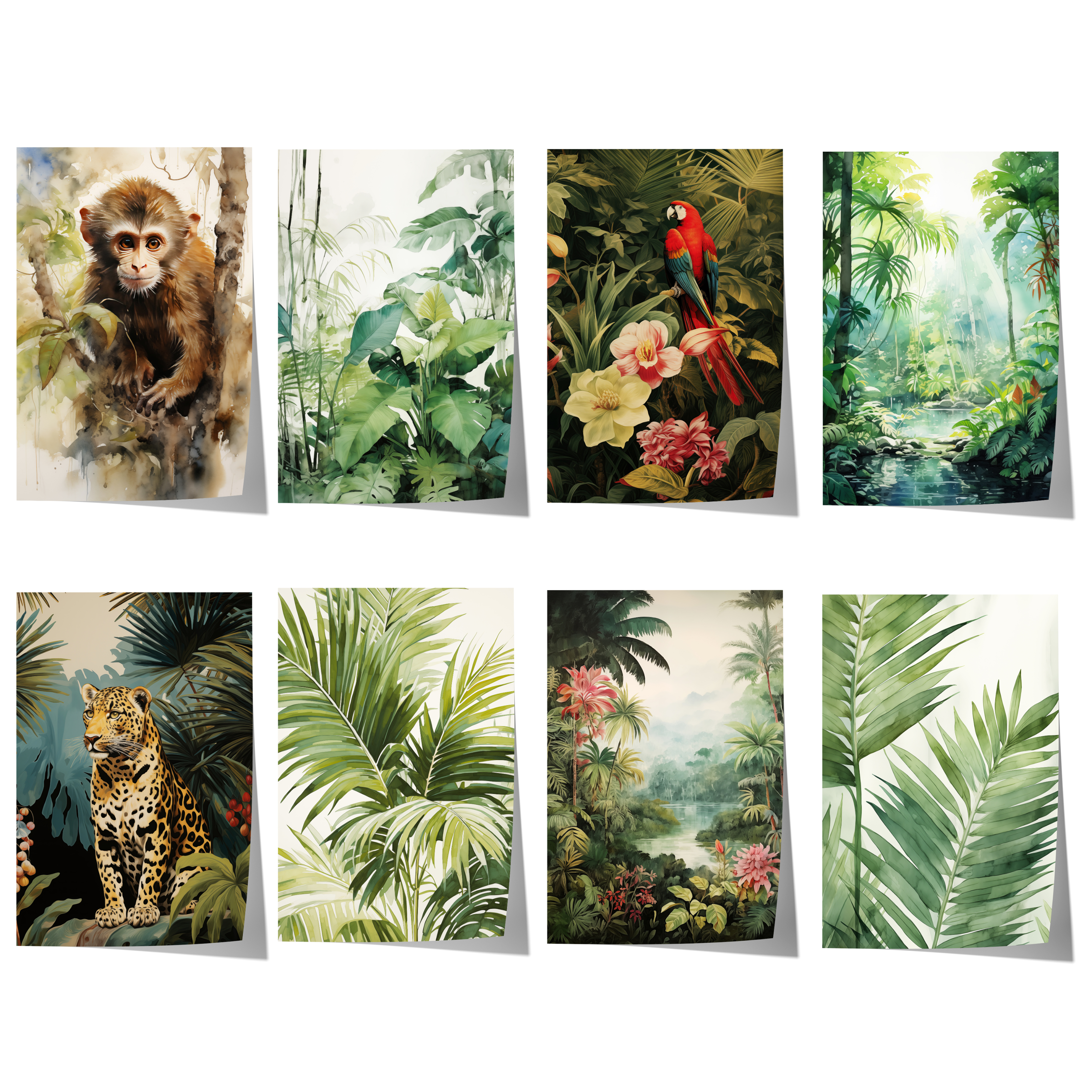 Dschungel Tiere Poster · Geschenkidee · Aquarell mit Leopard, Papagei und Affe · Wohnzimmer Deko · Dekoprint ohne Rahmen-0